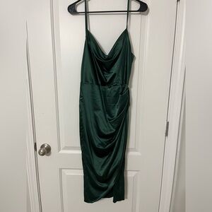 Green satin body con dress